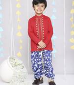 Red embroidered cotton kurta dhoti