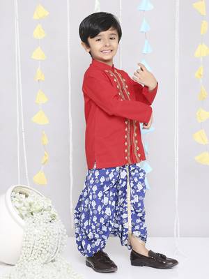 Red embroidered cotton kurta dhoti 2