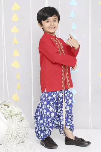 Red embroidered cotton kurta dhoti