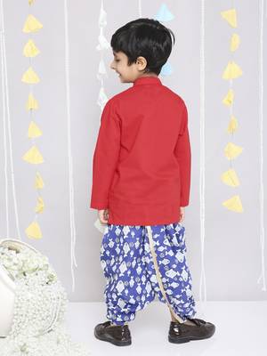 Red embroidered cotton kurta dhoti 3