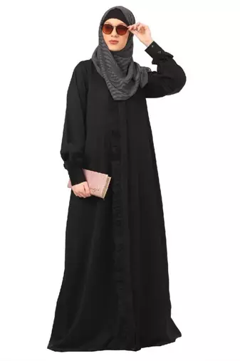 Black front open shirt collar abaya-black