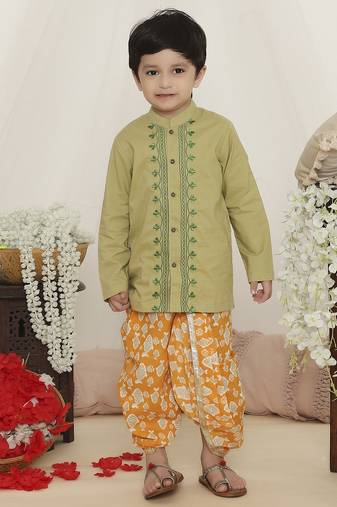 Green embroidered cotton kurta dhoti