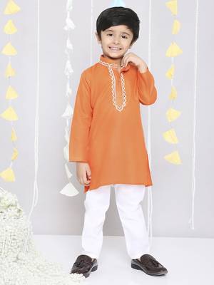 Orange embroidered cotton kurta pyjama set 1