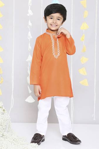 Orange embroidered cotton kurta pyjama set