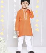 Orange embroidered cotton kurta pyjama set