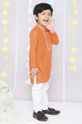 Orange embroidered cotton kurta pyjama set