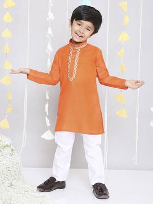 Orange embroidered cotton kurta pyjama set 3