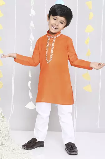 Orange embroidered cotton kurta pyjama set