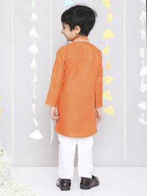 Orange embroidered cotton kurta pyjama set 4