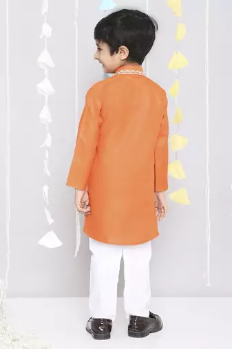 Orange embroidered cotton kurta pyjama set