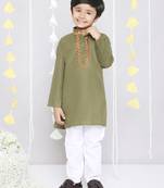 Green embroidered cotton kurta pyjama set