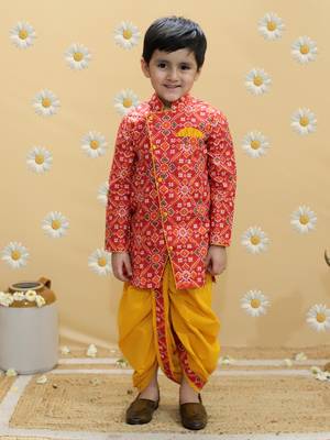 Red printed cotton kurta dhoti set 1