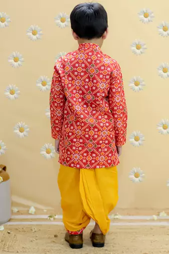 Red printed cotton kurta dhoti set
