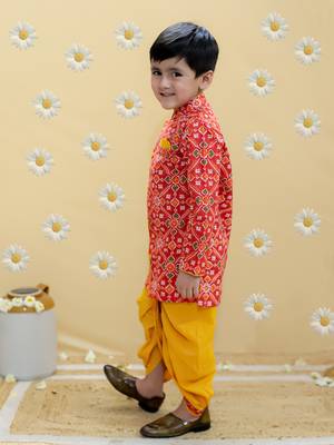 Red printed cotton kurta dhoti set 3