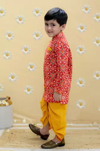 Red printed cotton kurta dhoti set