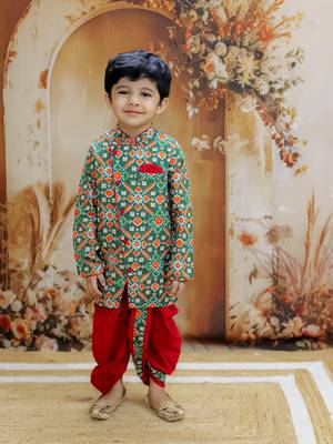 Green printed cotton kurta dhoti set 1
