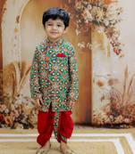 Green printed cotton kurta dhoti set