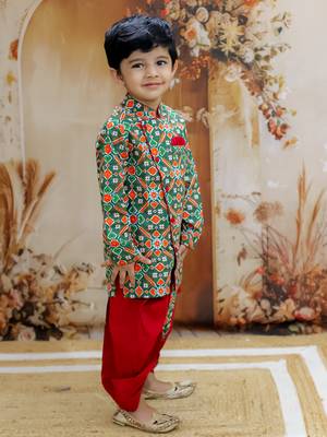 Green printed cotton kurta dhoti set 3