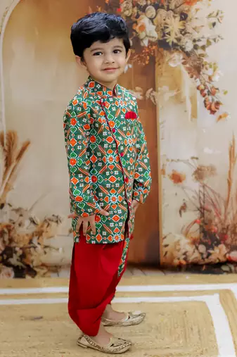 Green printed cotton kurta dhoti set