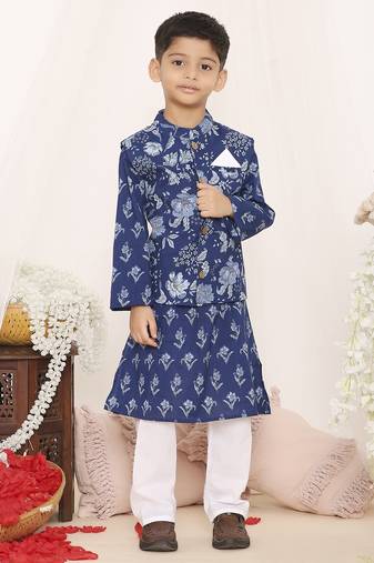 Navy floral printed cotton jacket kurta pyjama set