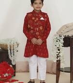 Maroon floral printed cotton jacket kurta pyjama set