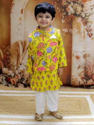 Yellow floral printed cotton jacket kurta pyjama set 1