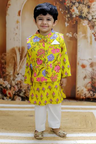 Yellow floral printed cotton jacket kurta pyjama set