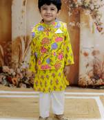 Yellow floral printed cotton jacket kurta pyjama set