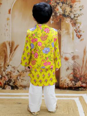 Yellow floral printed cotton jacket kurta pyjama set 2