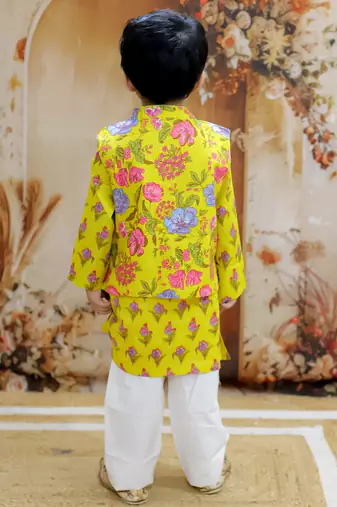 Yellow floral printed cotton jacket kurta pyjama set