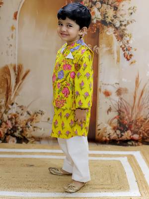 Yellow floral printed cotton jacket kurta pyjama set 3