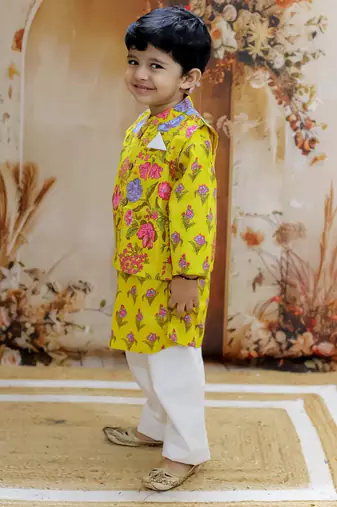 Yellow floral printed cotton jacket kurta pyjama set