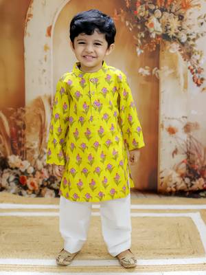 Yellow floral printed cotton jacket kurta pyjama set 4