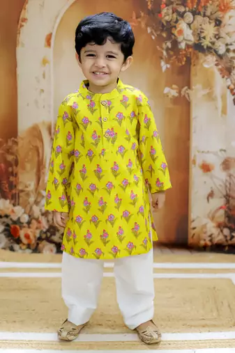 Yellow floral printed cotton jacket kurta pyjama set