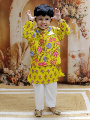 Yellow floral printed cotton jacket kurta pyjama set 5