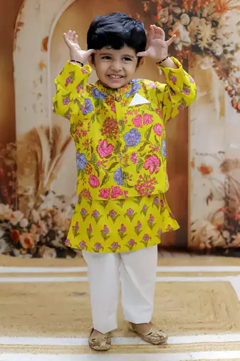 Yellow floral printed cotton jacket kurta pyjama set