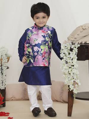 Blue spring floral printed polyster silk jacket kurta pyjama set 1