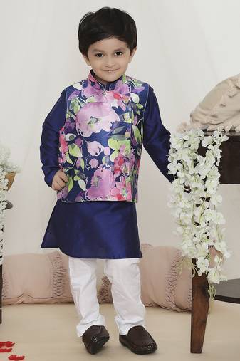Blue spring floral printed polyster silk jacket kurta pyjama set