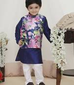 Blue spring floral printed polyster silk jacket kurta pyjama set
