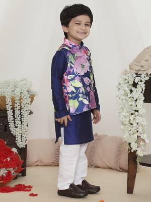 Blue spring floral printed polyster silk jacket kurta pyjama set 2