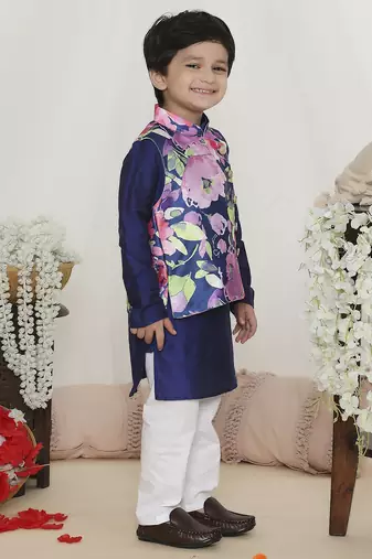 Blue spring floral printed polyster silk jacket kurta pyjama set