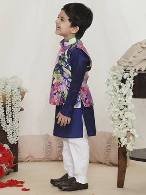 Blue spring floral printed polyster silk jacket kurta pyjama set 3