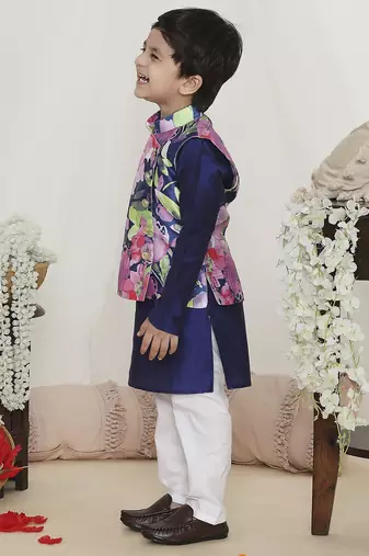 Blue spring floral printed polyster silk jacket kurta pyjama set