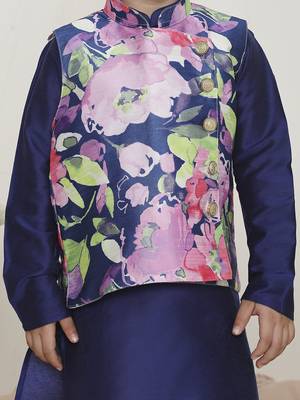 Blue spring floral printed polyster silk jacket kurta pyjama set 4
