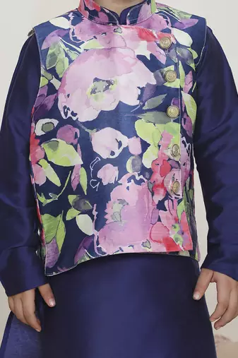Blue spring floral printed polyster silk jacket kurta pyjama set