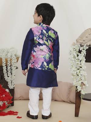 Blue spring floral printed polyster silk jacket kurta pyjama set 5