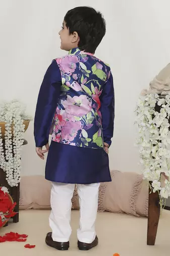 Blue spring floral printed polyster silk jacket kurta pyjama set