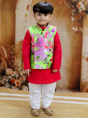 Red spring floral printed polyster silk jacket kurta pyjama set 1
