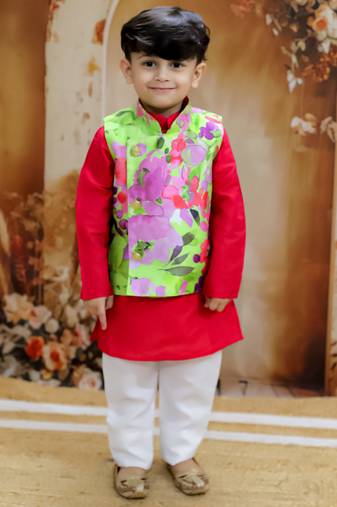 Red spring floral printed polyster silk jacket kurta pyjama set
