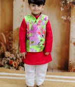 Red spring floral printed polyster silk jacket kurta pyjama set